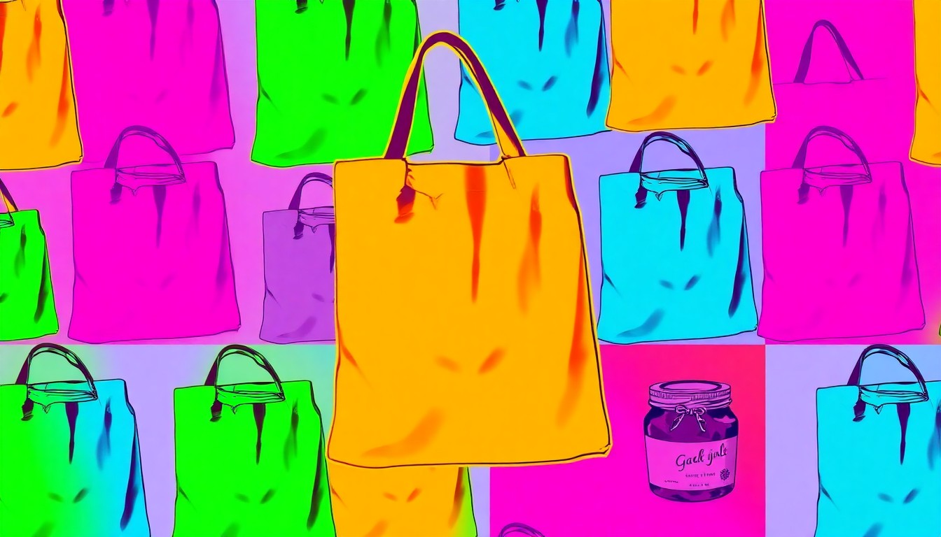 A brightly colored, high-contrast silkscreen print of a reusable grocery bag or glass jar of organic jam, repeated in a tight grid pattern, capturing the joyful energy of a community festival.