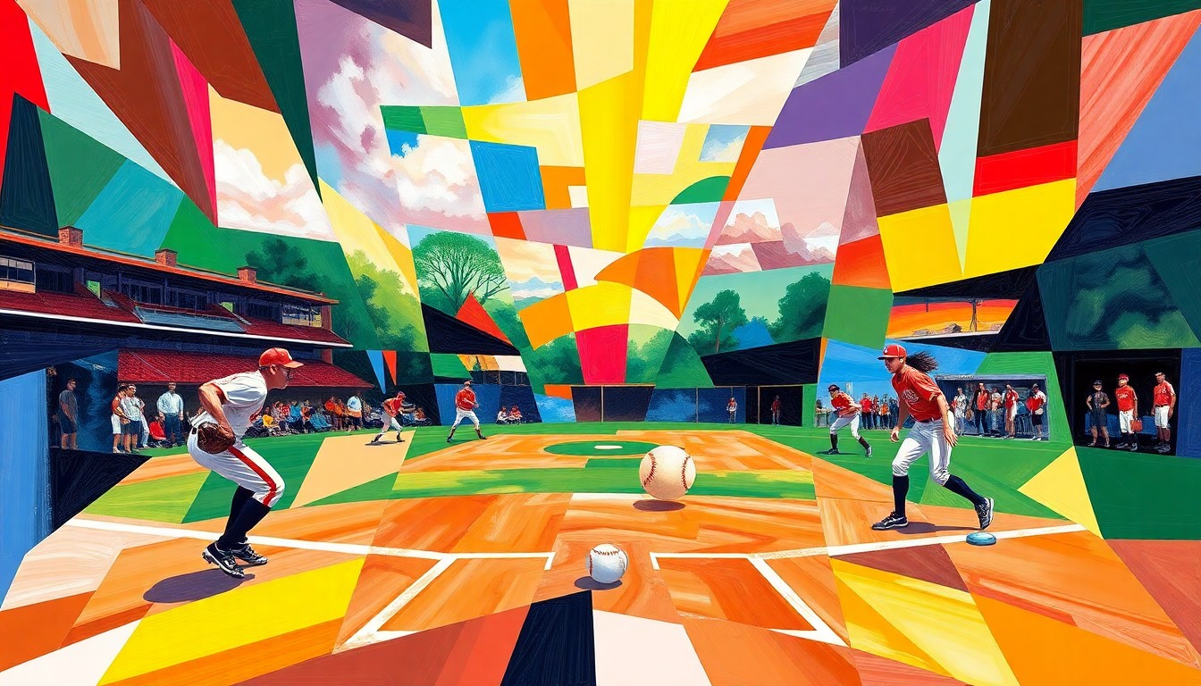 A cubist, geometric painting depicting the dynamic motion and energy of a high school softball game, with the opposing teams' colors and uniforms fractured into overlapping planes of vibrant hues.