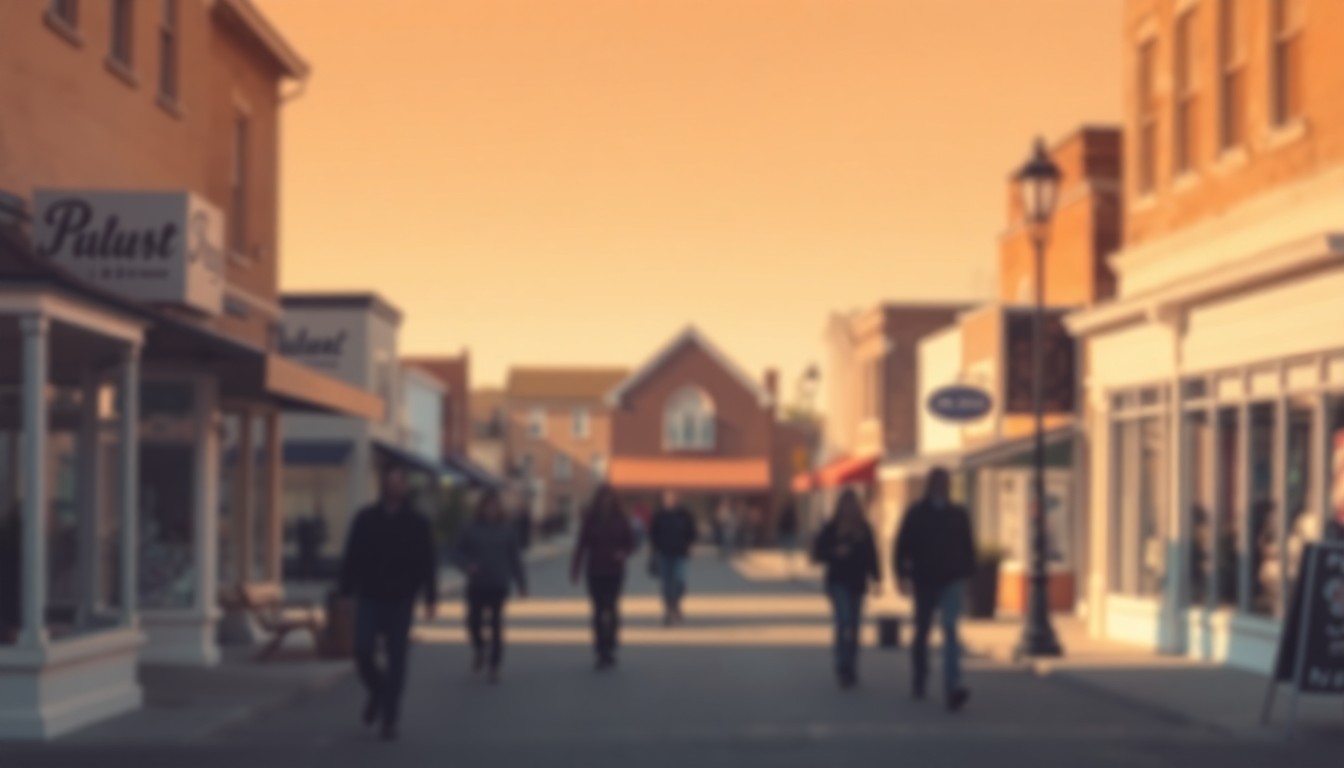 An abstract, out-of-focus photograph in soft, warm colors depicting the blurred silhouettes of people walking down a small-town main street, conceptually representing the loss of a beloved community member.