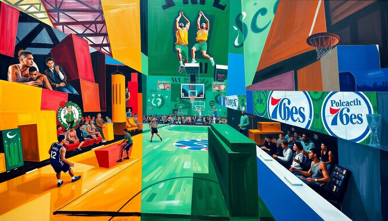 A fragmented, geometric painting depicting a basketball game between the Boston Celtics and Philadelphia 76ers, with the players and court rendered in an abstract, cubist style that captures the intensity and energy of the playoff matchup.