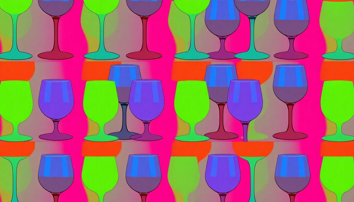 A bold, colorful silkscreen-style illustration featuring a repeating pattern of wine glasses in bright neon hues, conceptually representing the celebratory and community-focused nature of the West Alabama Food and Wine Festival.