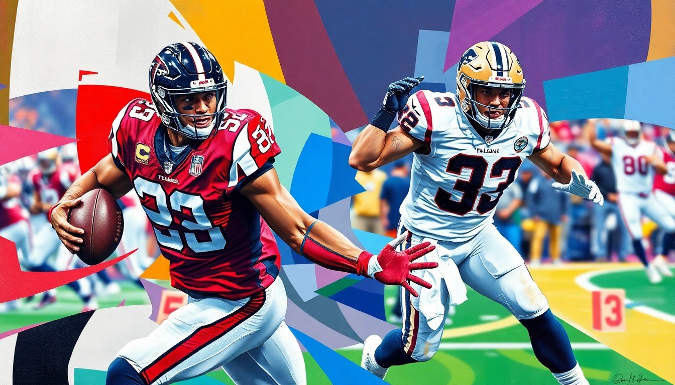 A cubist, geometric illustration depicting a cornerback in coverage, with sharp, overlapping planes of the Falcons' red and black colors and the Texans' navy and red colors.