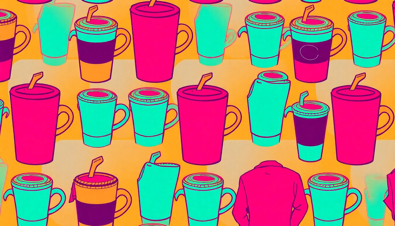 A high-contrast, silkscreen-style illustration featuring a repeated pattern of an iconic Atlantic Station lifestyle object, such as a coffee cup or piece of clothing, rendered in a palette of flat, neon colors and heavy black outlines to create a modern pop art effect.