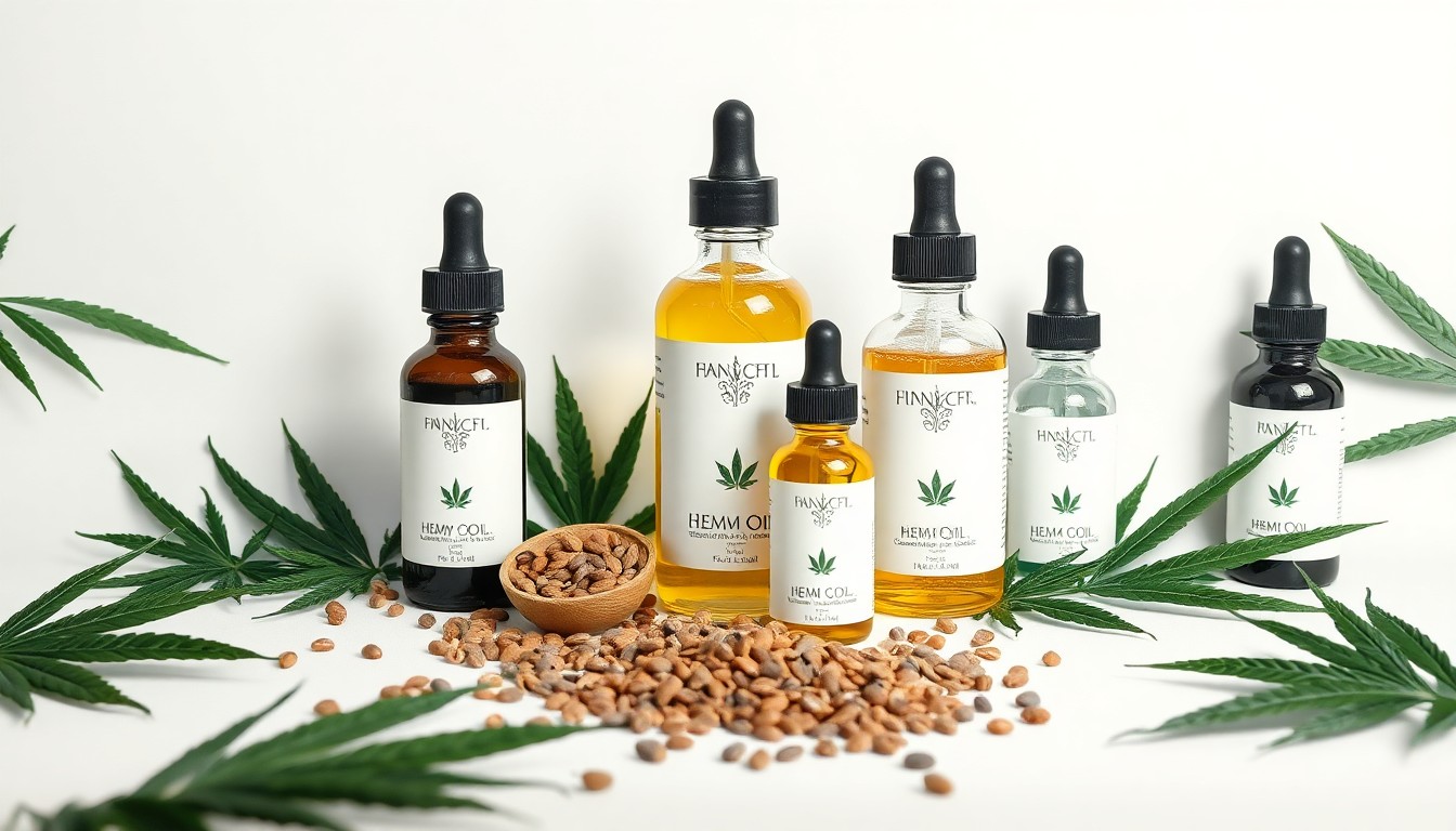 A high-end studio still life photograph featuring a collection of polished hemp seeds, hemp oil, and hemp-derived CBD tinctures arranged elegantly on a clean, monochromatic background, conceptually representing the abstract idea of a vertically integrated hemp business.