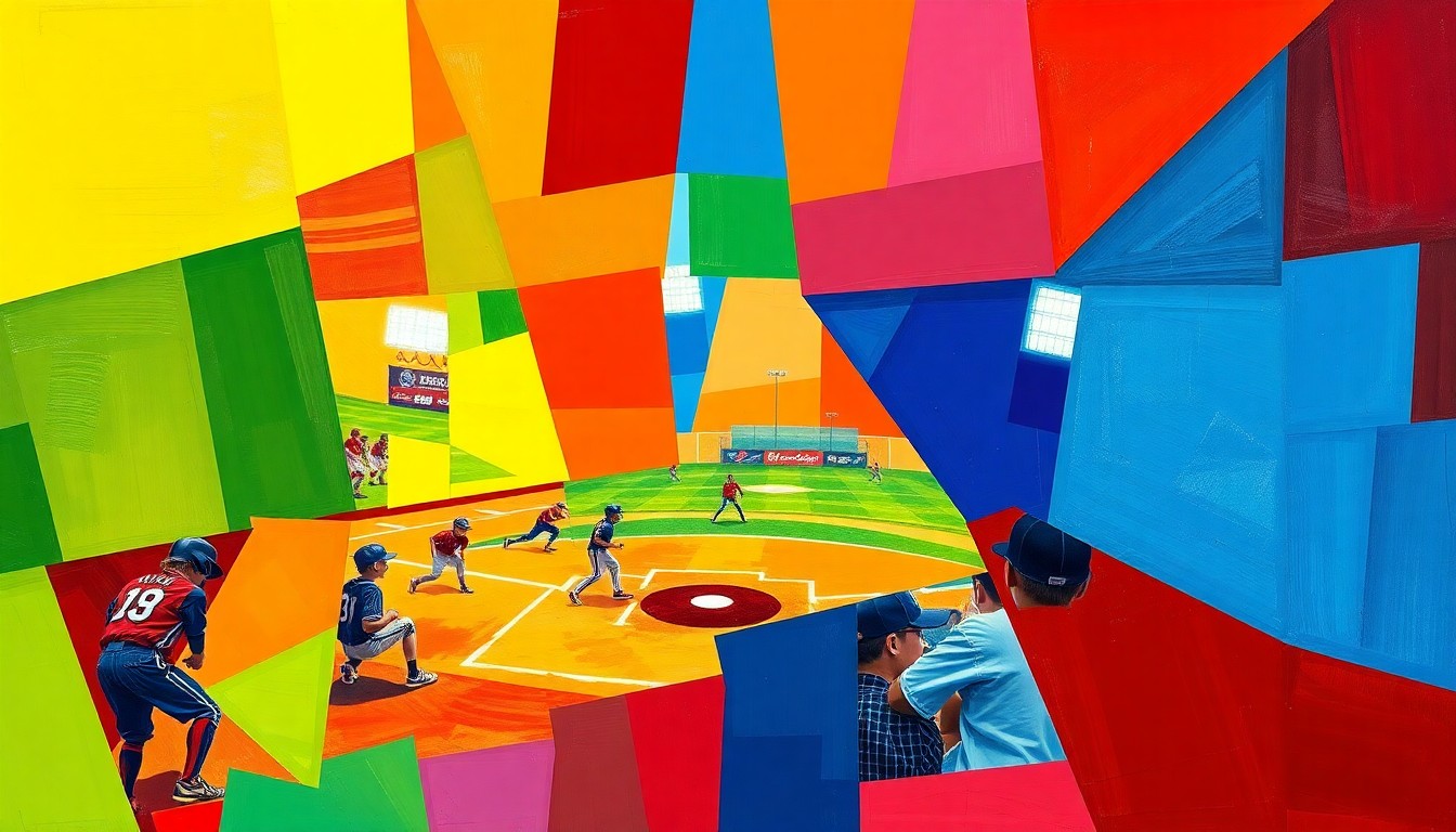 A cubist-style painting featuring overlapping geometric shapes and planes of bright blue, red, and yellow, conceptually representing the energy and movement of a Little League Challenger baseball game.