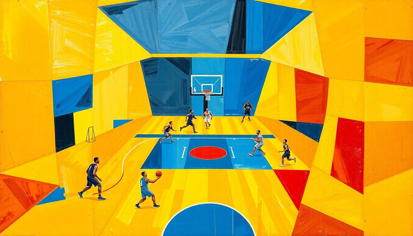 A cubist, geometric painting depicting a basketball game or match, with the players and court reduced to angular, abstracted forms in a vibrant color palette of golden yellow, royal blue, and crimson red.