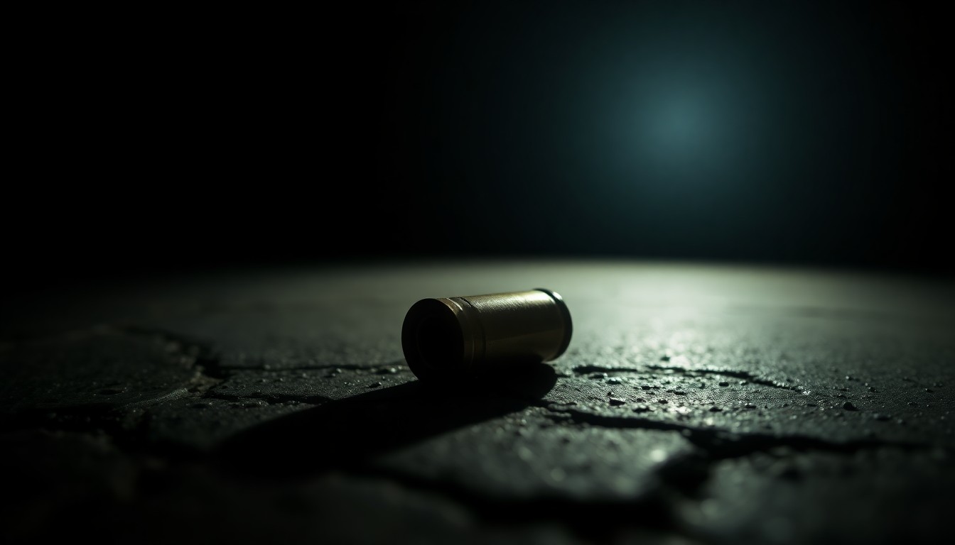 An extreme close-up photograph of a single spent shell casing on a dark concrete surface, conceptually illustrating the aftermath of a shooting incident.