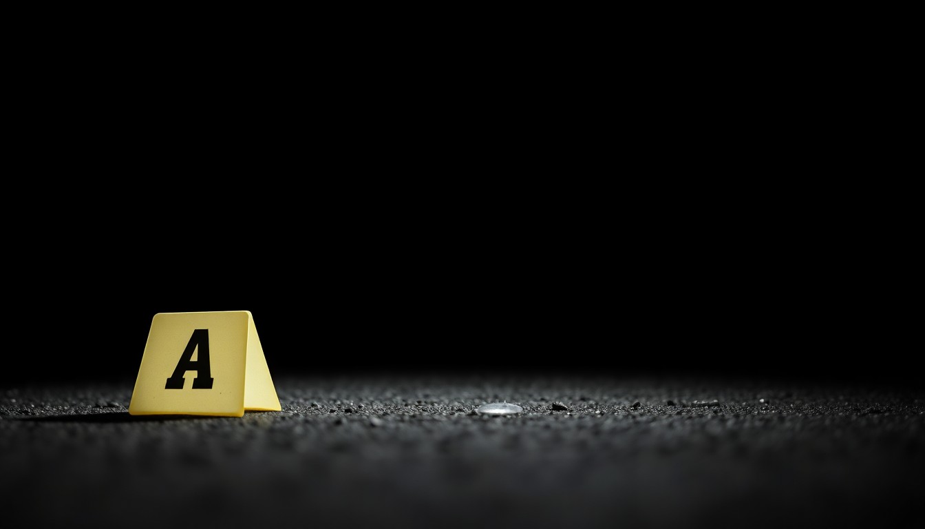 An extreme close-up photograph of a police evidence marker on the ground, lit by a harsh, direct camera flash against a pitch-black background, conceptually illustrating the gritty, investigative nature of the ongoing case.