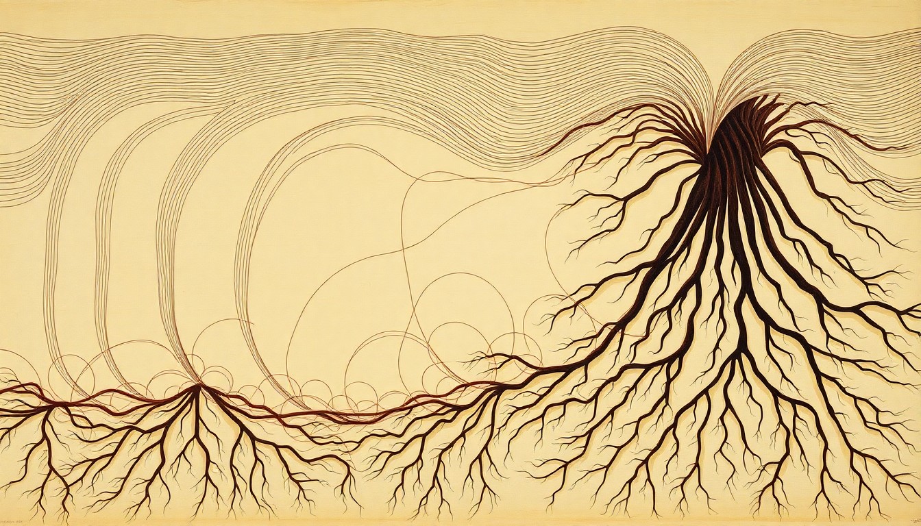 A highly textured abstract painting in earthy tones, featuring sweeping geometric shapes and botanical spirals that conceptually represent the complex underground network of crop roots.