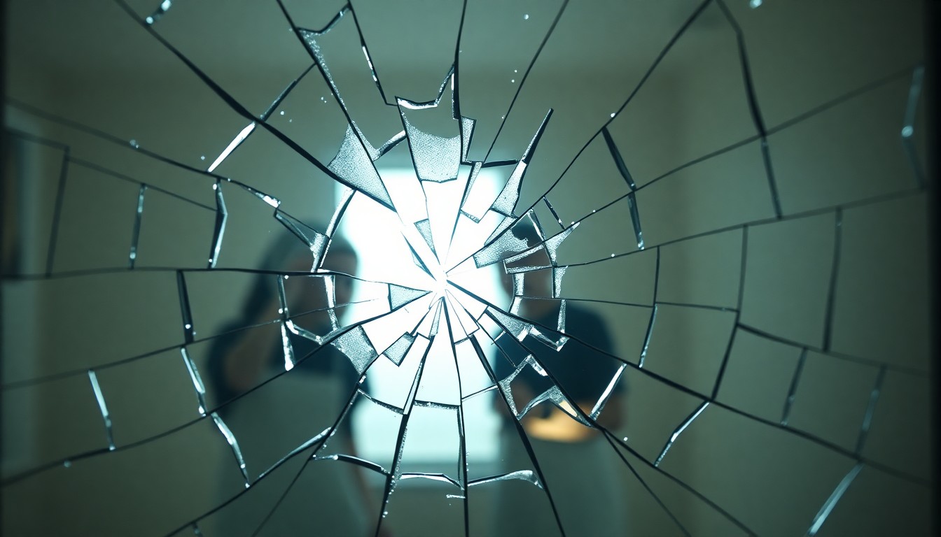 An abstract close-up photograph of shattered glass reflecting a soft, diffused light, conceptually representing the fractured relationships within the Beckham family.