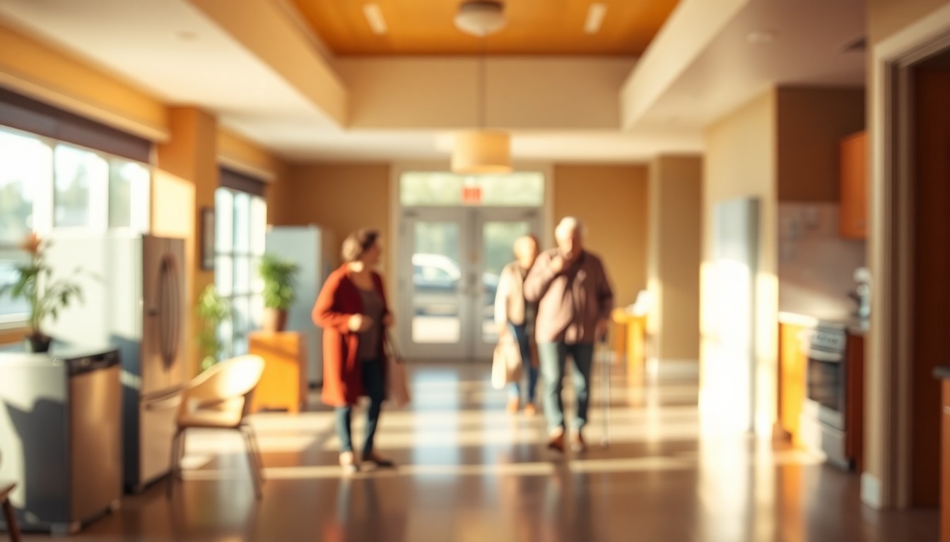 An abstract, dreamy scene of people in a warm, softly lit lobby, with blurred appliances and furnishings in the foreground, conveying a sense of community and comfort in an affordable housing setting.