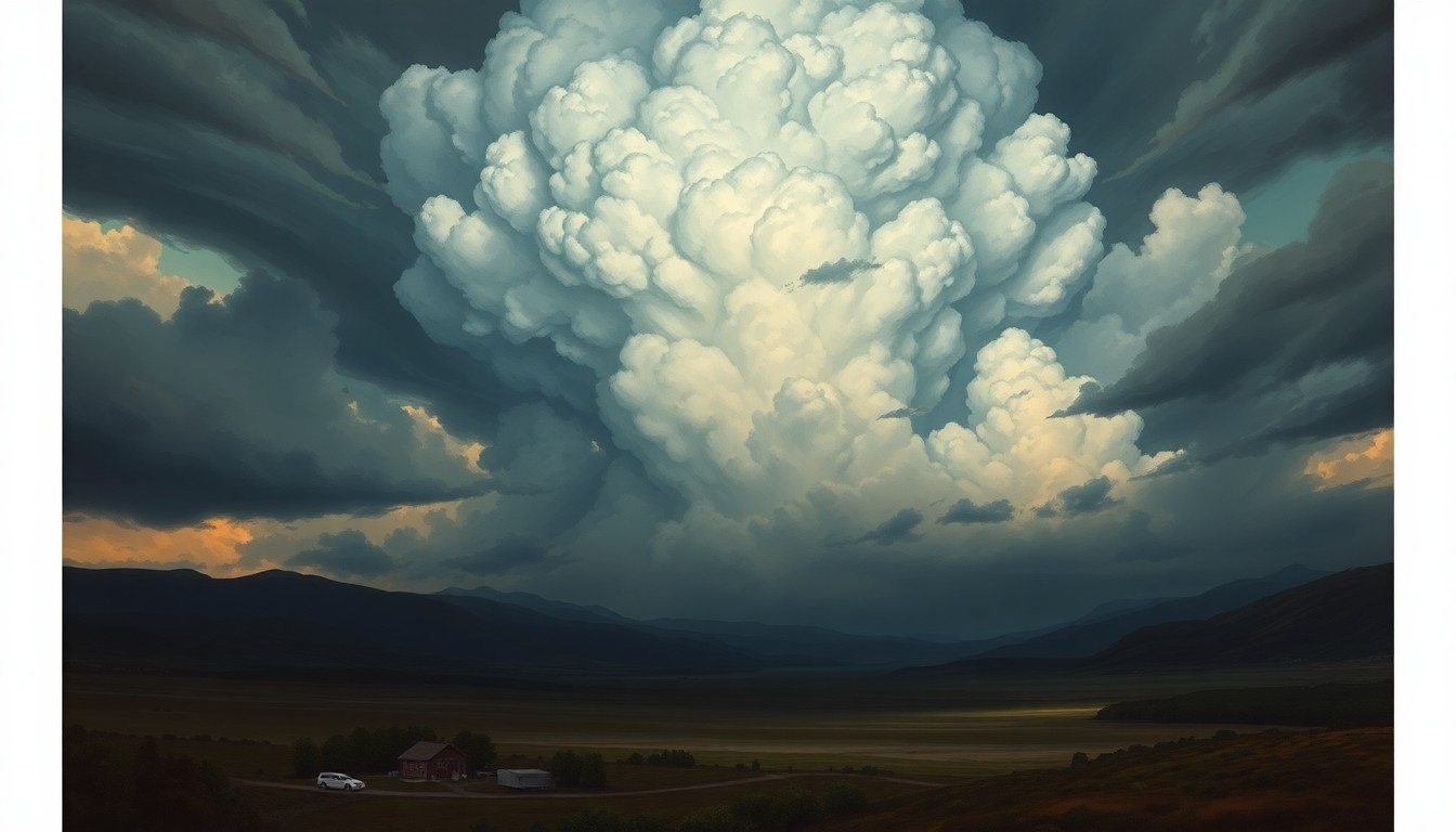 A dramatic landscape painting depicting a massive, swirling thundercloud formation dominating the sky over a small town, conveying the overwhelming power of an approaching severe storm.