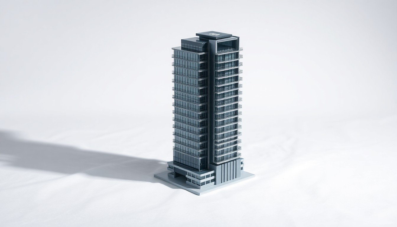 A photorealistic studio still-life photograph of a scale model of a modern glass and steel hotel tower, placed on a clean white background and using dramatic lighting to represent the abstract concepts of corporate strategy and urban development.