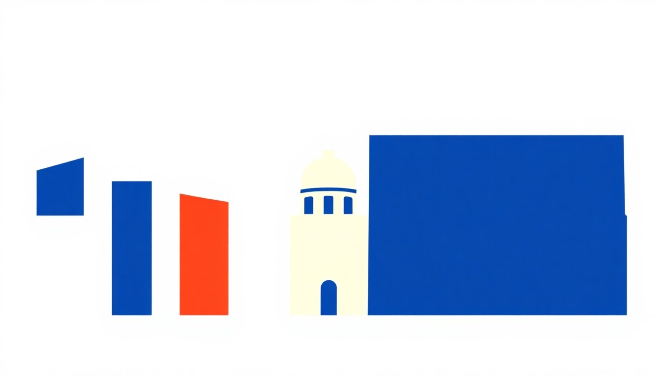 An abstract composition of overlapping triangles and rectangles in shades of blue, green, and red, conceptually representing the economic differences in government employee compensation across different levels of Oklahoma's public sector.