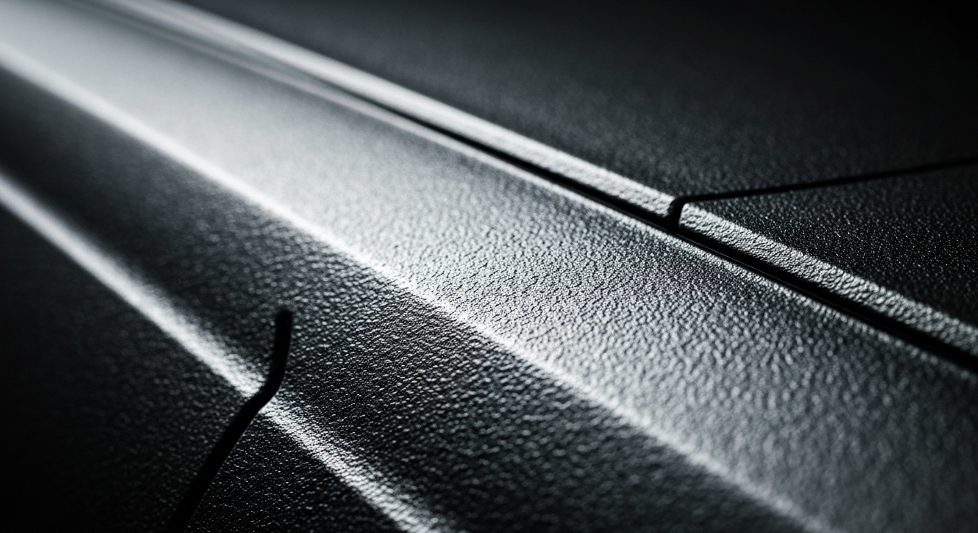 An extreme close-up photograph of the textured, pebbled surface of a car's exterior, capturing the raw materials and engineering of automotive design in dramatic lighting.