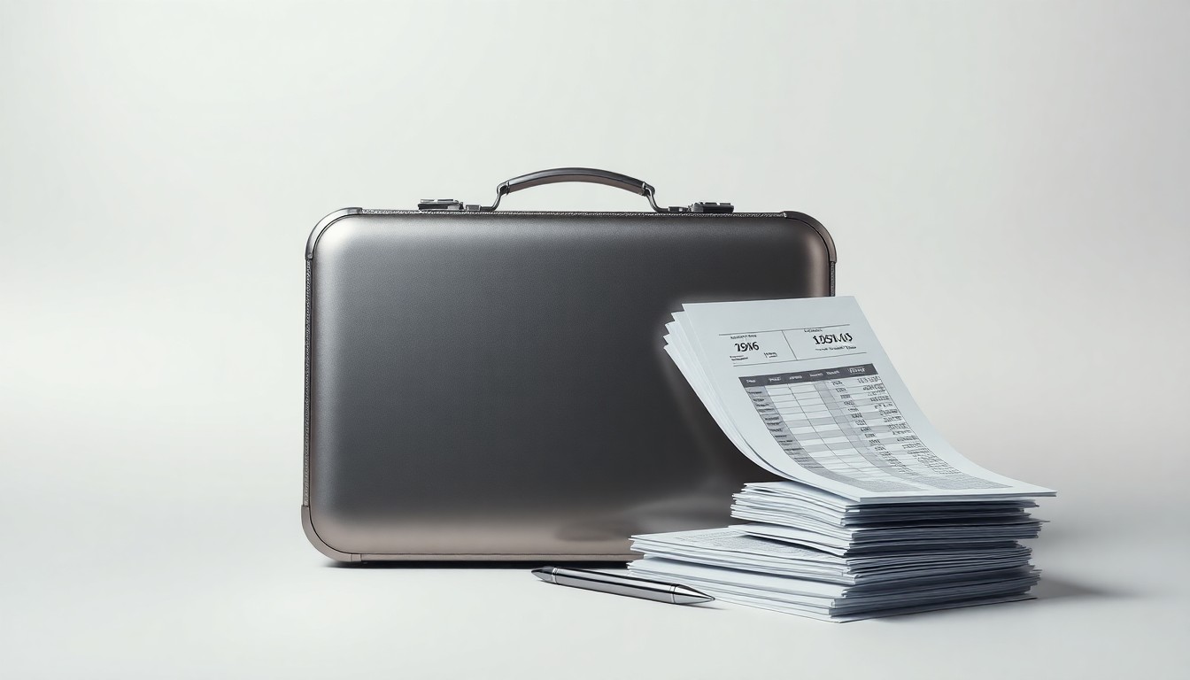A photorealistic studio still life featuring a polished metal briefcase, a stack of financial documents, and a pen, symbolizing the abstract concepts of financial management and career-boosting opportunities.