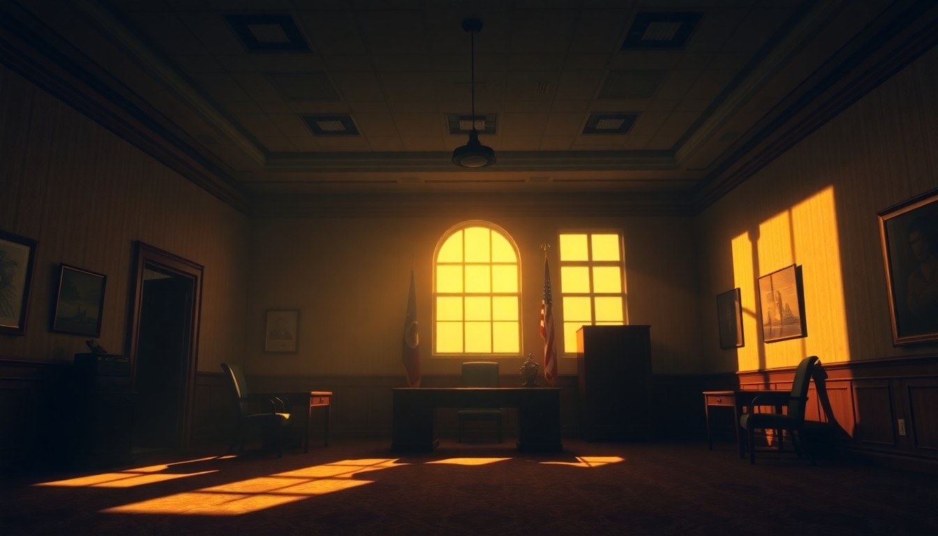 A dimly lit, cinematic painting of an empty congressional office, with warm sunlight streaming through the windows and deep shadows casting an uneasy mood, conceptually representing the unresolved issues around sexual misconduct in Congress.
