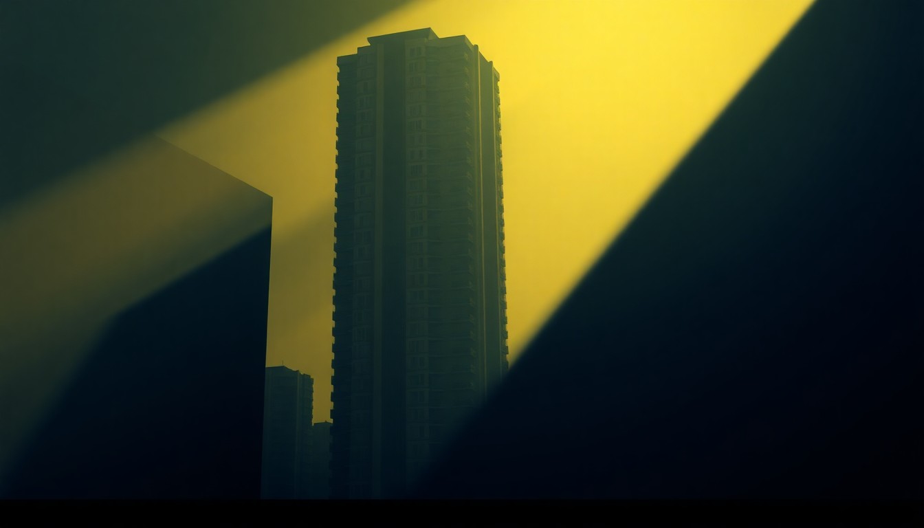 A serene, photorealistic painting of a towering luxury apartment building in New York City, with warm sunlight casting long shadows across the facade, conceptually representing the wealthy individuals who own these types of non-primary residences.