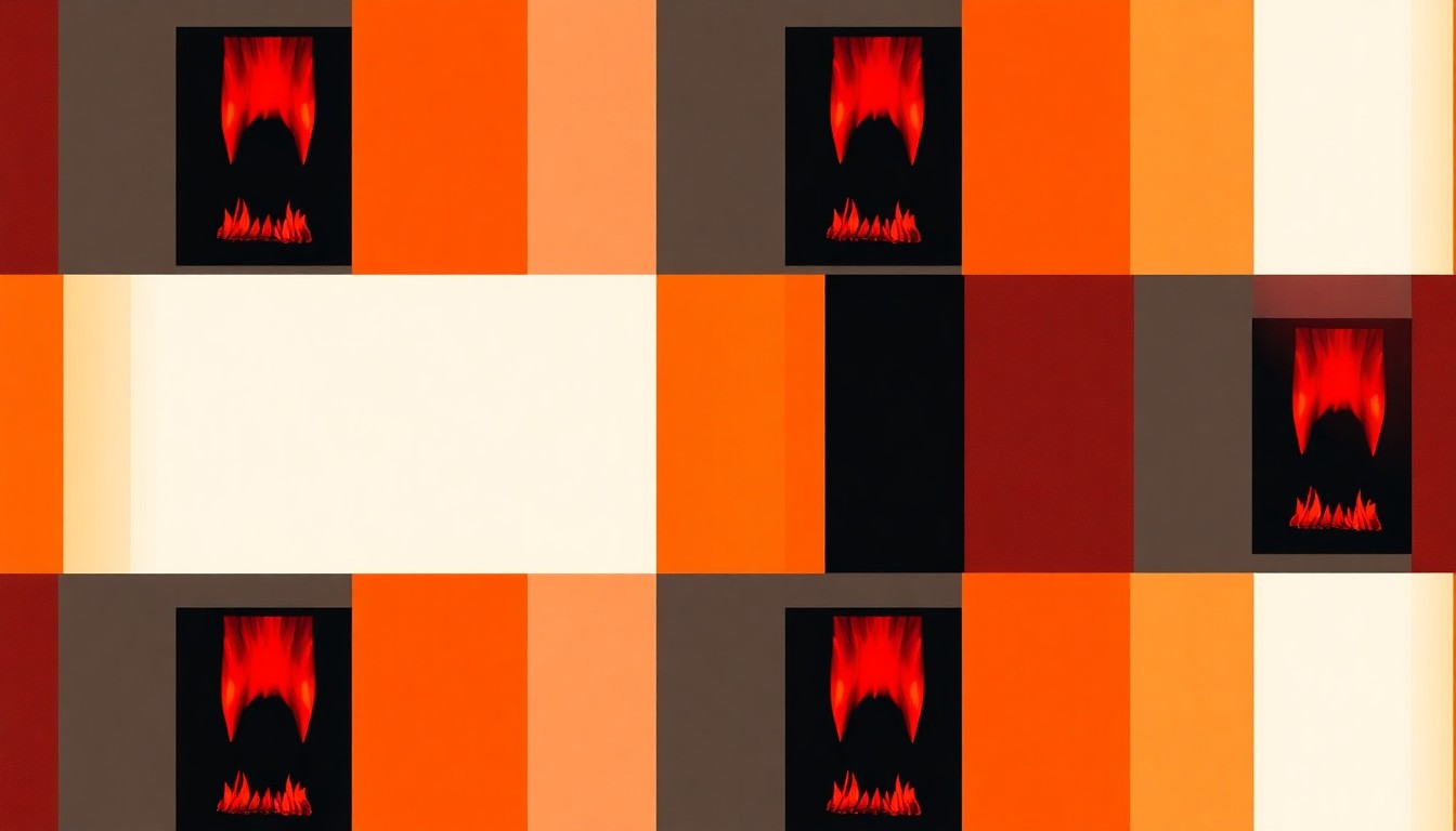 A highly stylized, abstract illustration featuring a repeating pattern of a minimalist fireplace design in vibrant shades of red, orange, and gray, conveying the luxury and technology of the featured home.