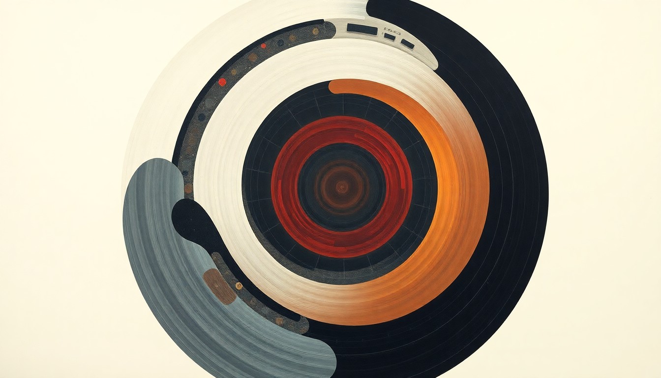 A bold, abstract painting in soft, flat colors depicting a complex, interconnected system of geometric shapes and waveforms, conceptually representing the innovative forces behind next-generation nuclear reactor design and development.