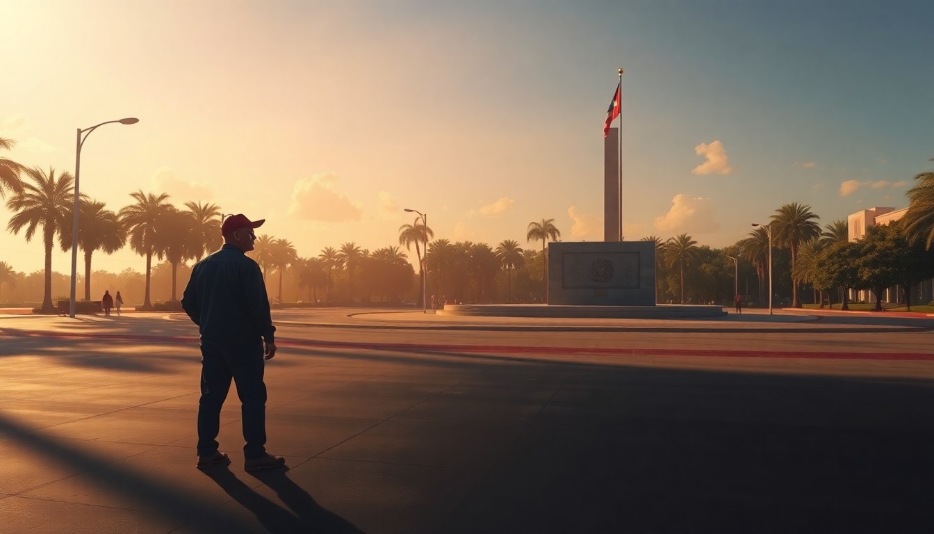 A pensive, middle-aged Cuban man standing alone in a sunlit public plaza, with a memorial monument visible in the background, capturing the somber mood of the Bay of Pigs anniversary ceremony.