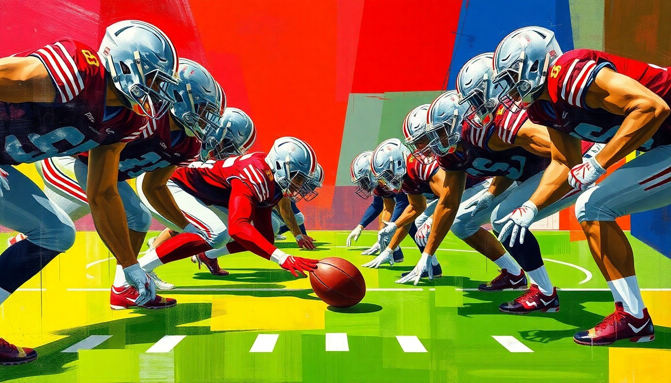 A cubist, fragmented painting depicting the overlapping geometric forms of an offensive line, rendered in Ohio State's signature scarlet and gray colors.
