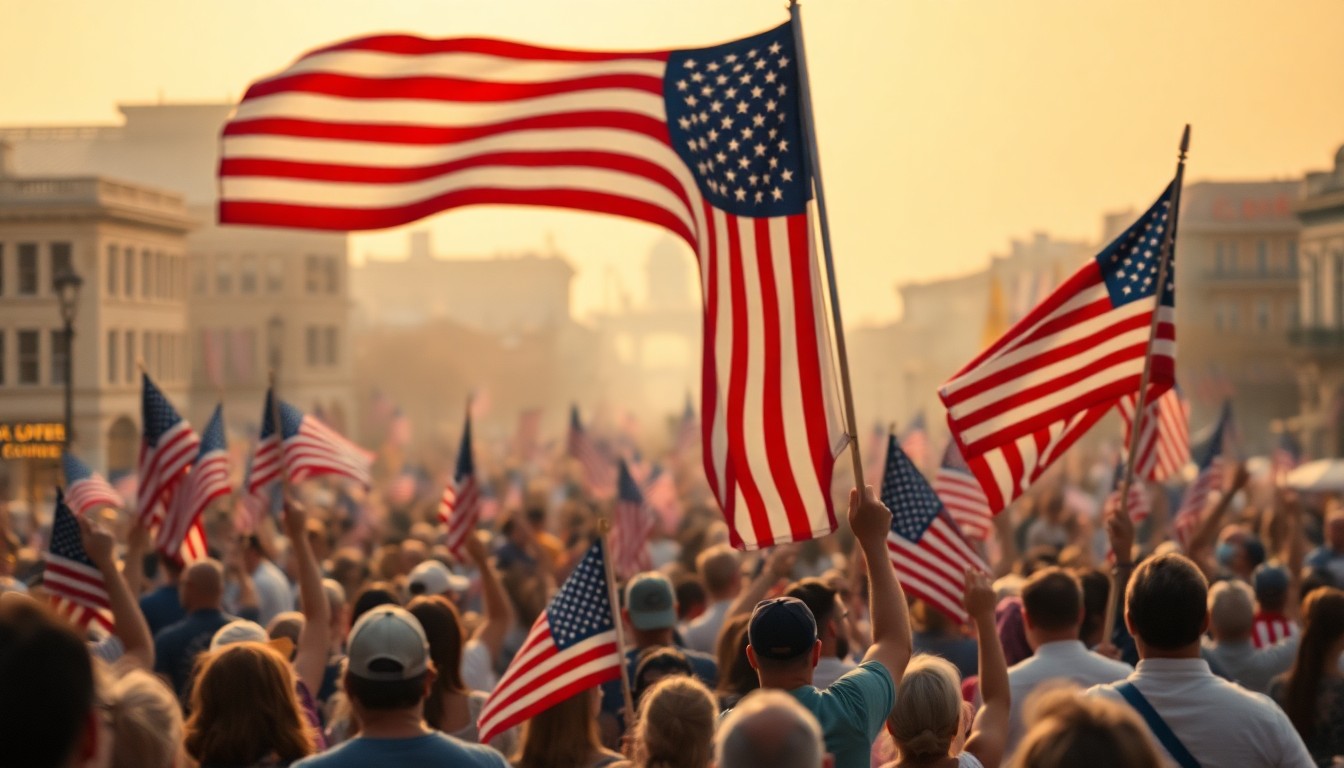 An abstract, impressionistic photograph in soft, blurred focus showing a crowd of people waving American flags and celebrating in a town square, conveying the joyful energy of a community festival.