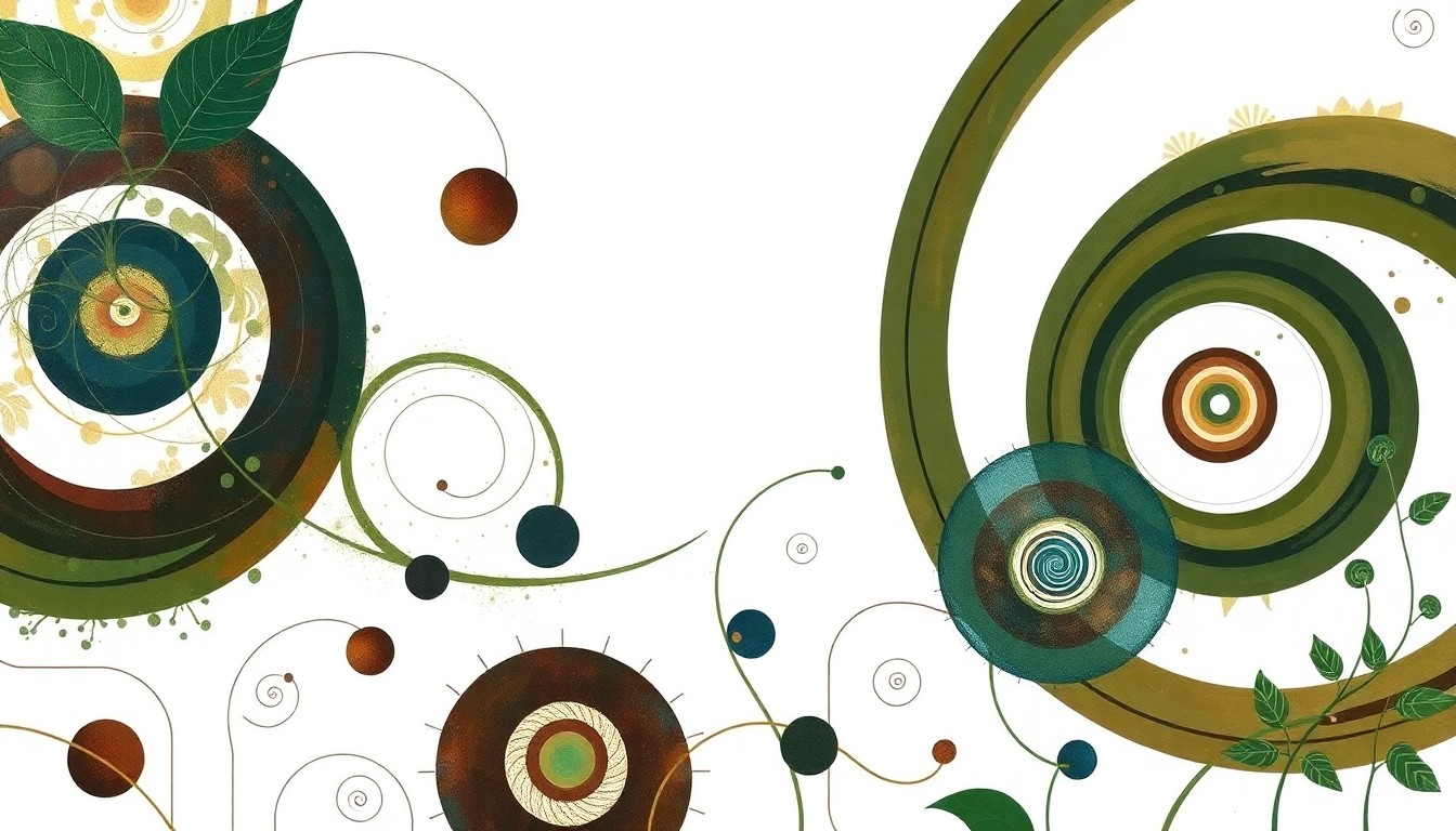 An abstract painting featuring sweeping geometric shapes and botanical patterns in earthy tones, conceptually representing the complex biological processes at work in a no-till farming system.