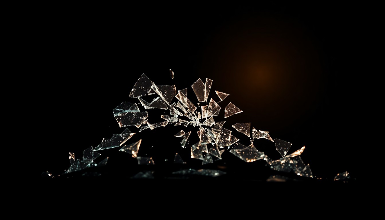 An extreme close-up photograph of a shattered car windshield, the jagged glass fragments conceptually representing the devastation of a fatal collision.