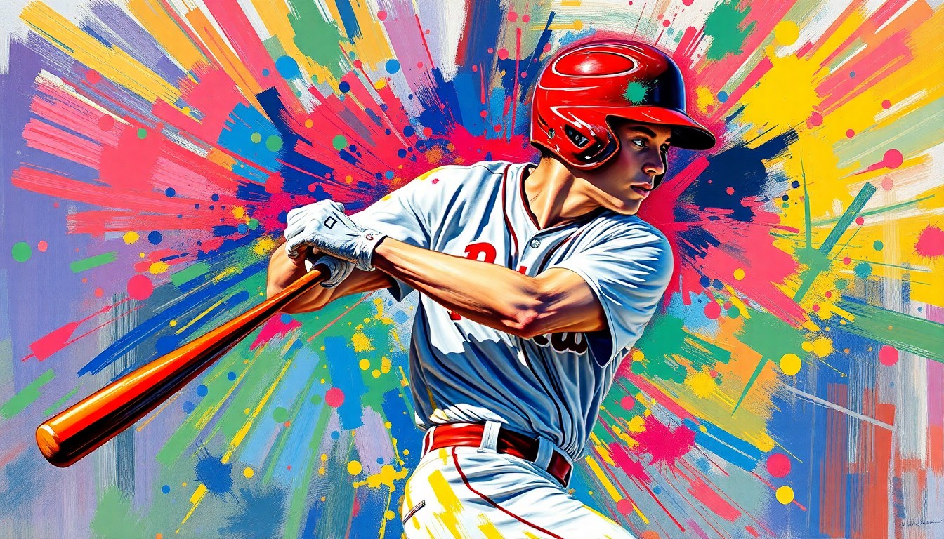 An abstract expressionist painting in neon colors depicting the powerful swing of a high school baseball player, with the player's face and uniform blurred into vibrant brushstrokes.