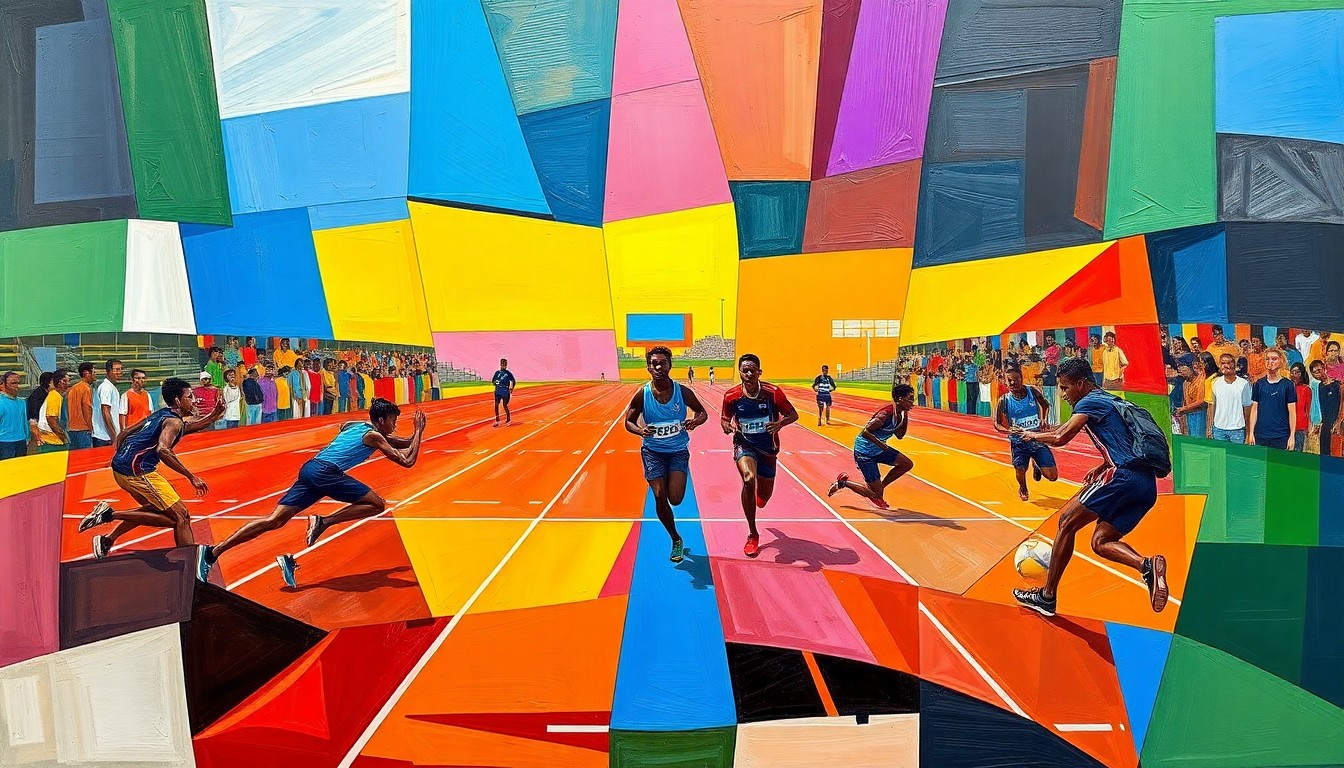 A fragmented, cubist-style painting depicting a high school track and field competition, with sharp, overlapping geometric shapes in the team colors of Yorkville High School representing the various events and movements of the athletes.
