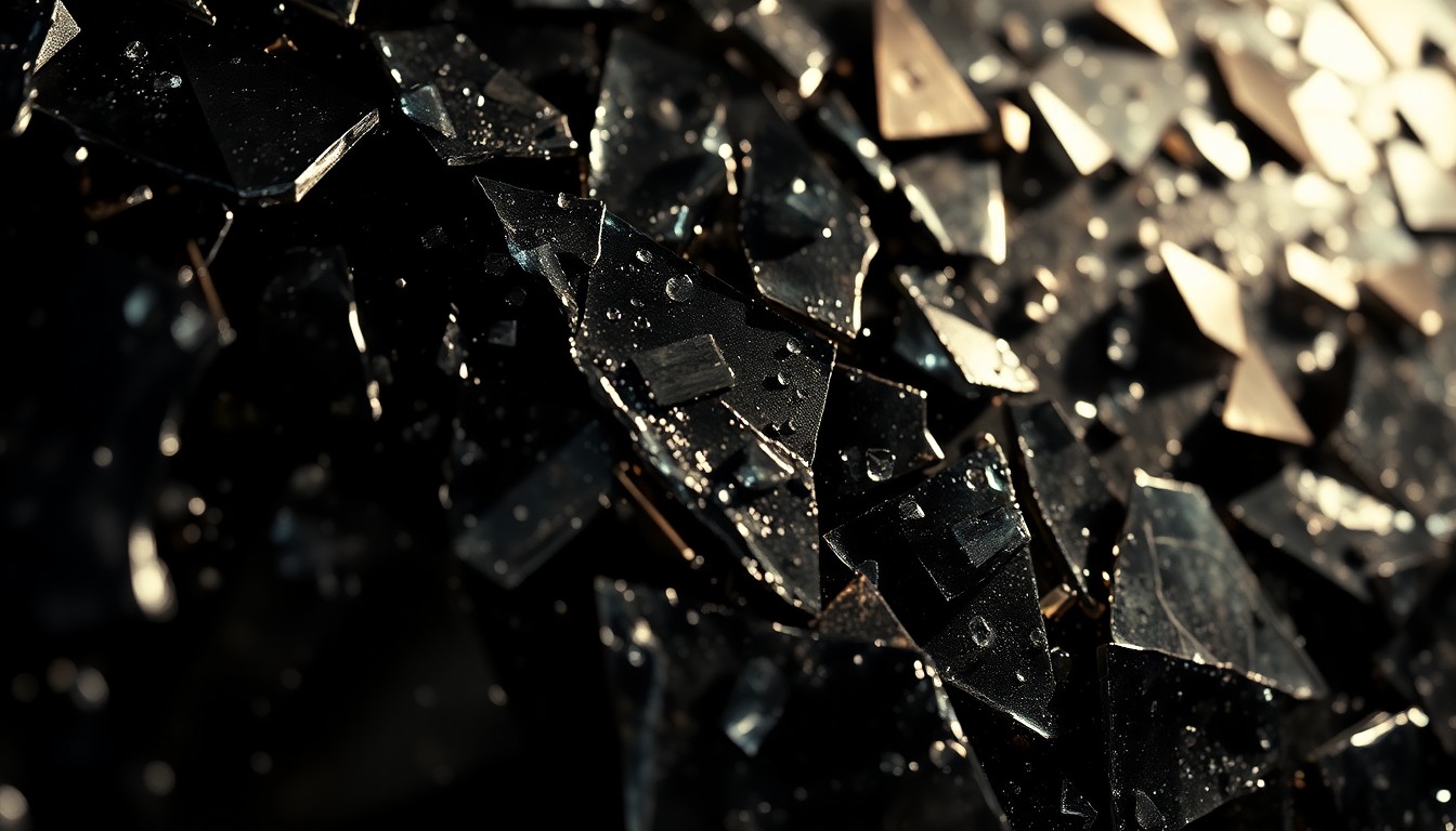 An extreme close-up of shattered glass and metallic surfaces, captured in dramatic, high-contrast lighting to evoke the gritty, high-stakes atmosphere of the Furiosa sci-fi world.