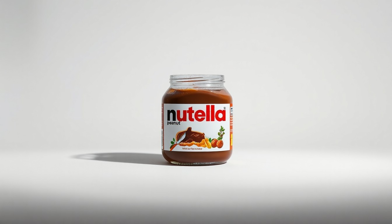 A close-up, high-contrast photograph of a glass jar of Nutella Peanut spread, the label prominently displayed against a clean, monochromatic background, capturing the rich, creamy texture of the new product.