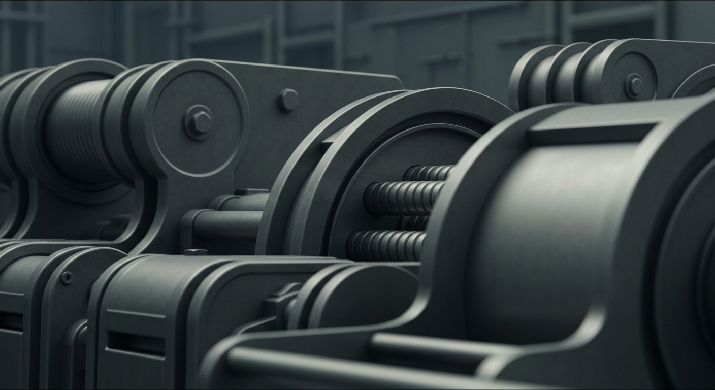 An extreme close-up of industrial banking equipment and machinery, conveying the heavy, physical nature of financial infrastructure without using any literal symbols of money or wealth.