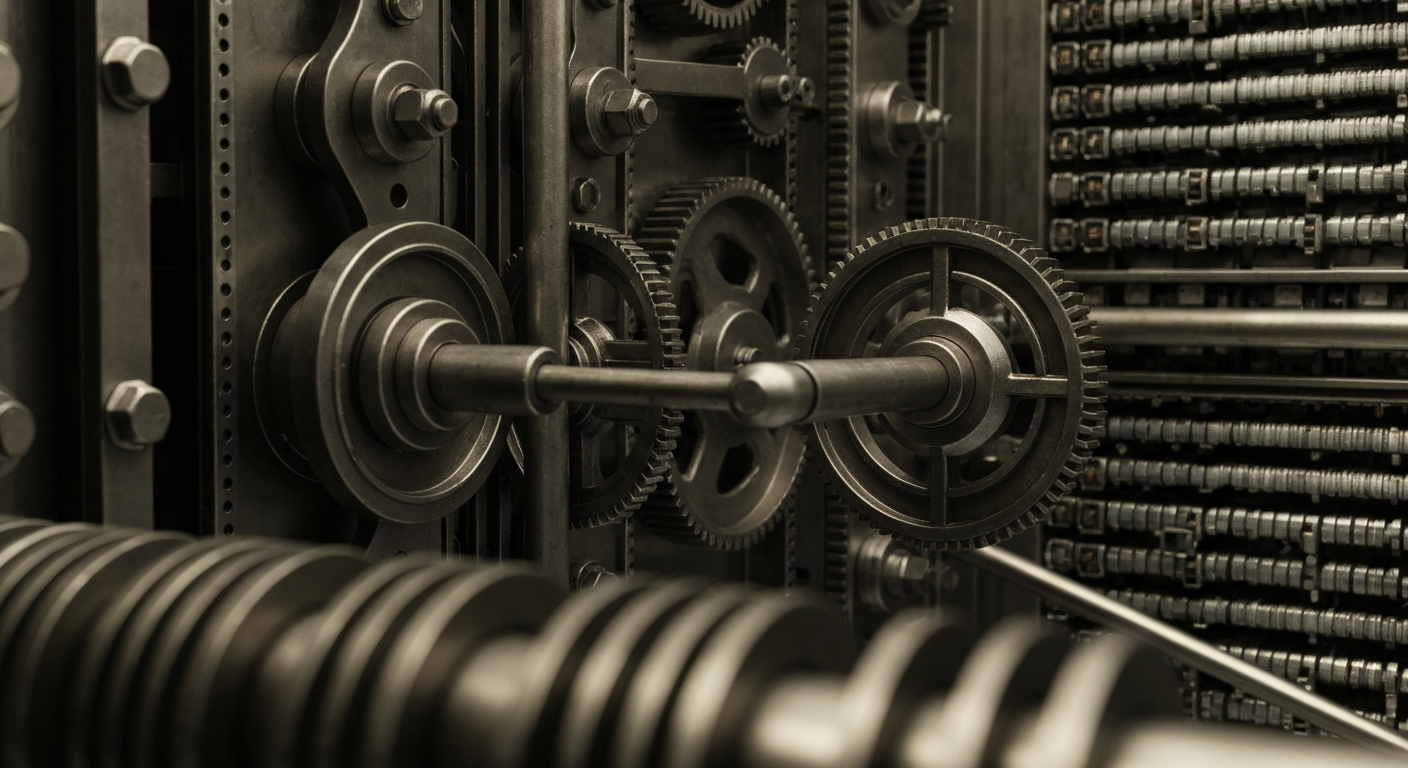 An extreme close-up of the intricate gears, levers, and mechanisms of a large, industrial banking vault or financial data processing system, conveying a sense of the heavy, tangible power and security of institutional finance.