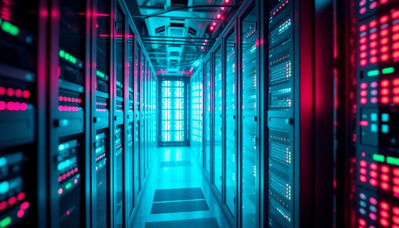 A highly detailed, glowing 3D illustration of a futuristic data center server rack, with intricate hardware components illuminated by neon cyan and magenta lights, conceptually representing the scale and complexity of modern data infrastructure.