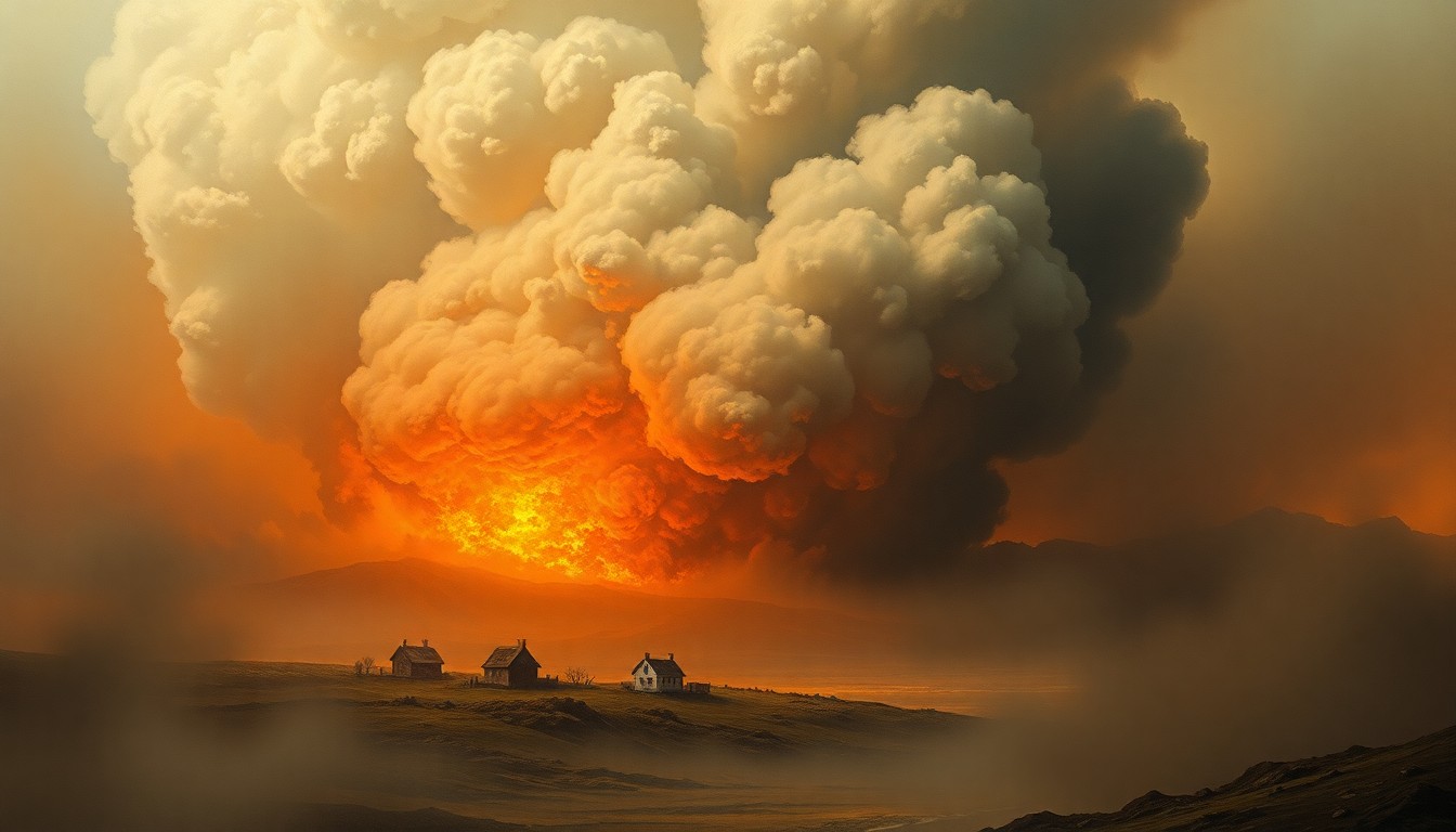 A sweeping, atmospheric landscape painting depicting a fire consuming two small houses in the distance, with billowing smoke obscuring the details and dwarfing the structures, conveying the overwhelming scale and power of the natural disaster.