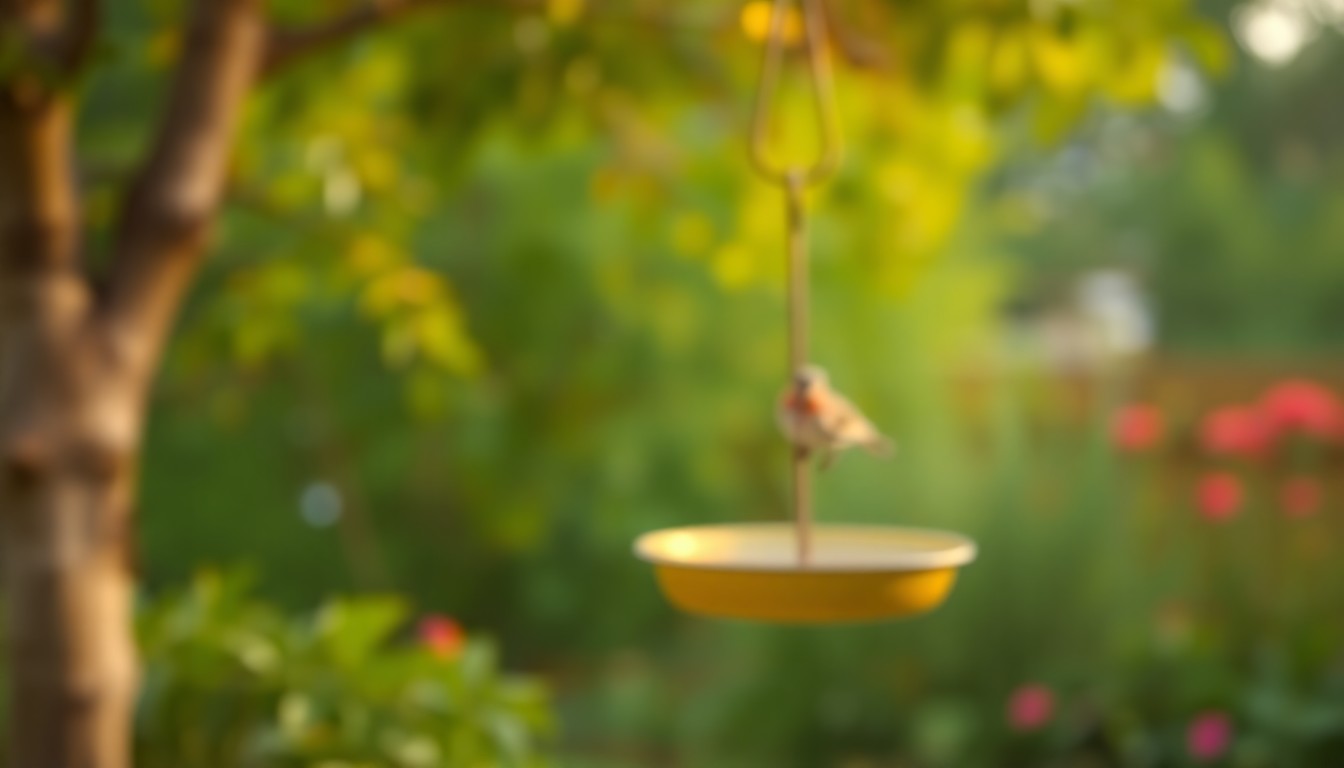 An extremely abstracted, out-of-focus photograph in soft, warm tones depicting the blurred silhouette of a bird feeder or birdbath surrounded by lush greenery, conceptually representing the seasonal influx of migratory birds to New York City.