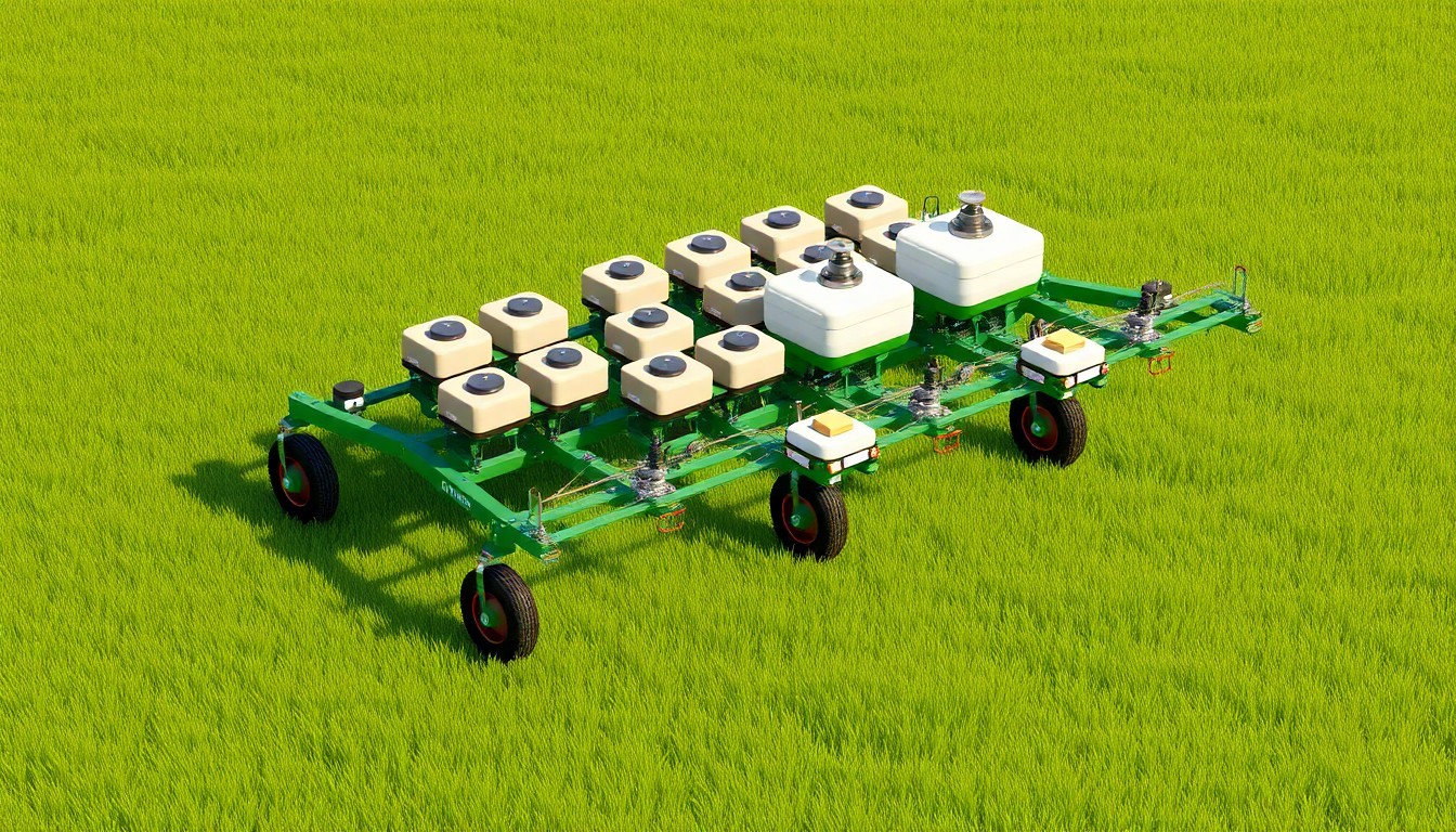 A detailed, isometric 3D illustration of a Landoll agricultural grain drill with multiple seed and fertilizer boxes, set against a lush, green pasture background, conveying the drill's expanded seeding capabilities for improved farm productivity.
