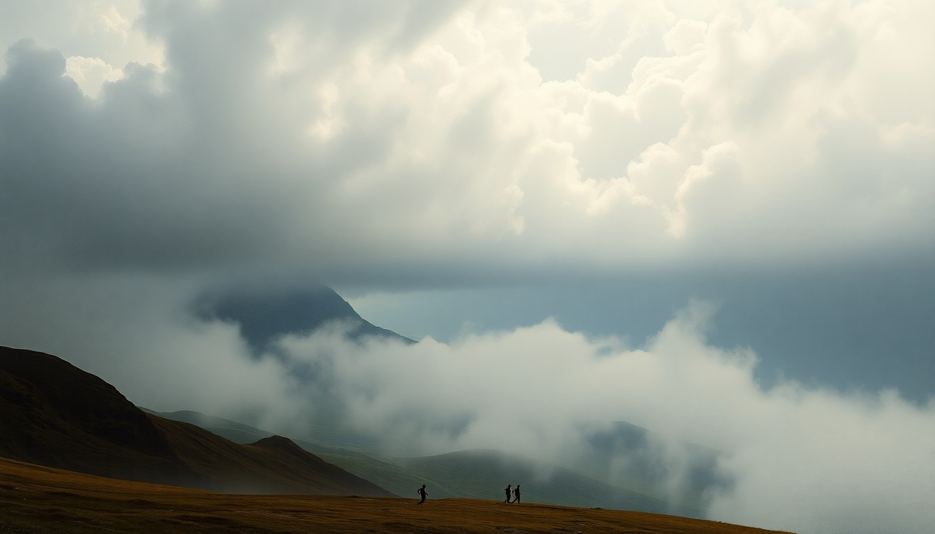 A sweeping, atmospheric landscape painting in muted tones of grey, blue, and green, with a group of small runners visible in the foreground against a backdrop of heavy, swirling clouds and mist.