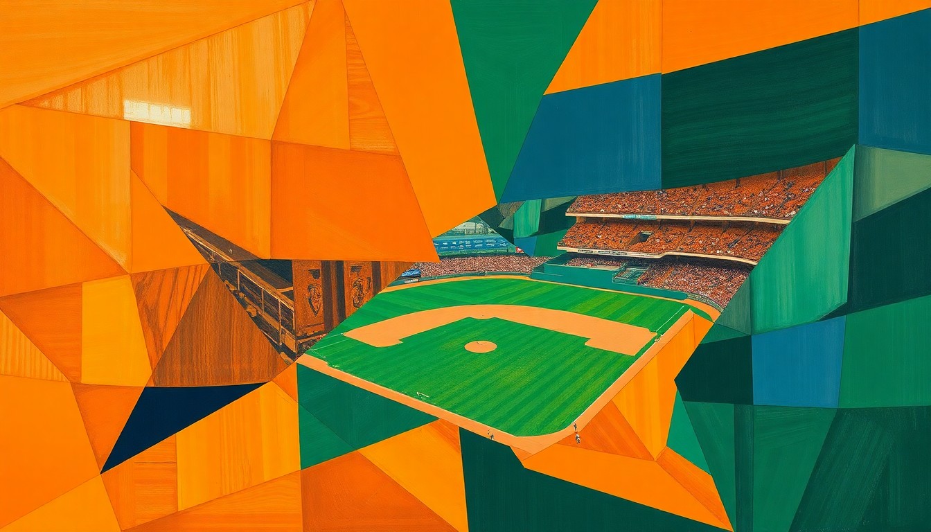 A cubist-style painting featuring overlapping geometric shapes and planes in bright orange, navy blue, and forest green, conceptually representing the dynamic action of a college baseball game.