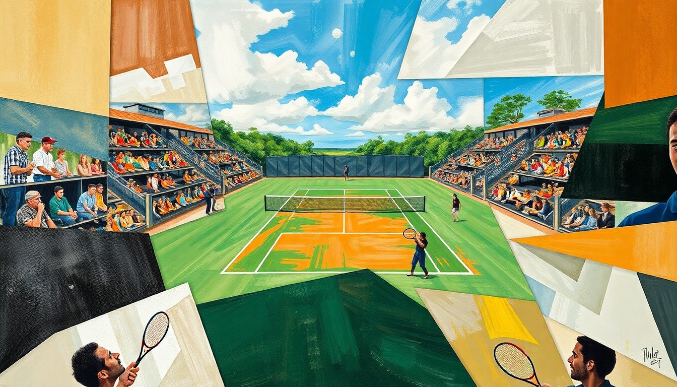 A fragmented, geometric painting depicting a tennis match, with overlapping planes of color and form representing the dynamic action on the court.