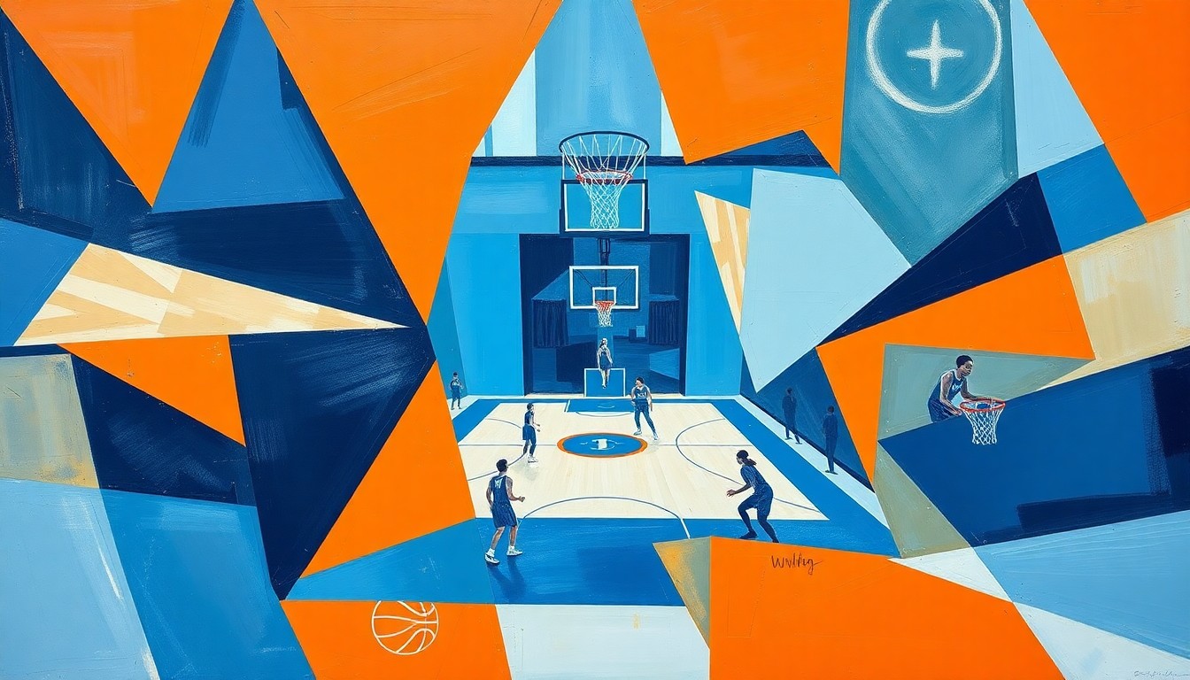 A fragmented, cubist-style painting depicting a WNBA basketball game, with the players and court broken down into sharp, overlapping geometric shapes in shades of blue and orange, conveying the high-stakes gamble of the Sky's win-now strategy.