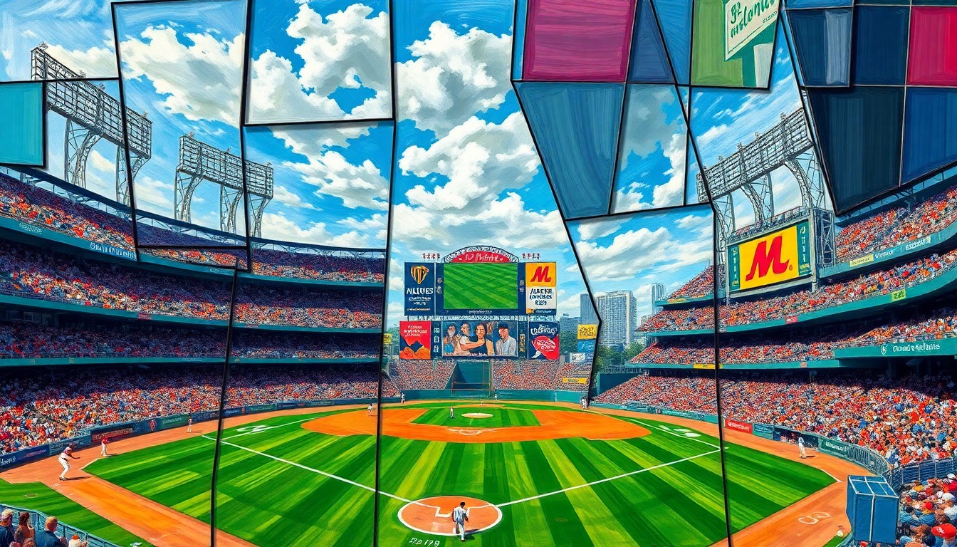 A cubist, geometric painting depicting a baseball stadium and players on the field, broken down into sharp, overlapping planes of vibrant colors representing the team uniforms and stadium signage.