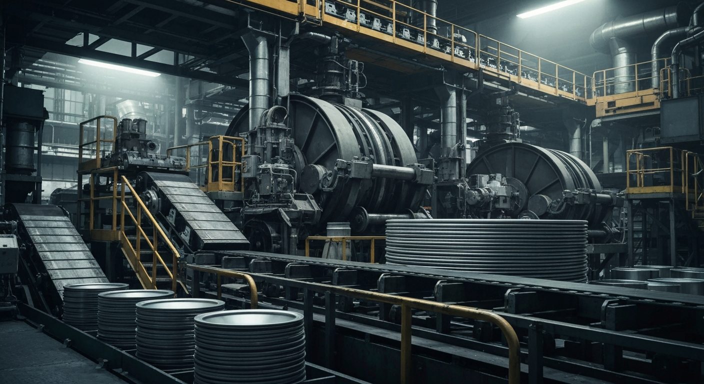A cinematic close-up of heavy, industrial machinery and equipment used in the manufacturing of metal and plastic containers, conveying a sense of the scale and power of Silgan Holdings' business operations.