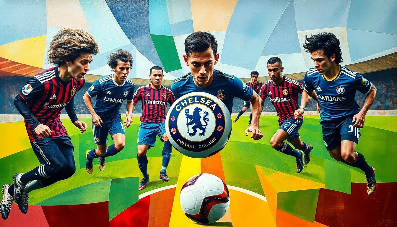 A fragmented, geometric painting depicting the abstract shapes and colors of a soccer match, with the ball as the central focus, representing the clash between an Italian soccer legend and his son's Premier League allegiance.