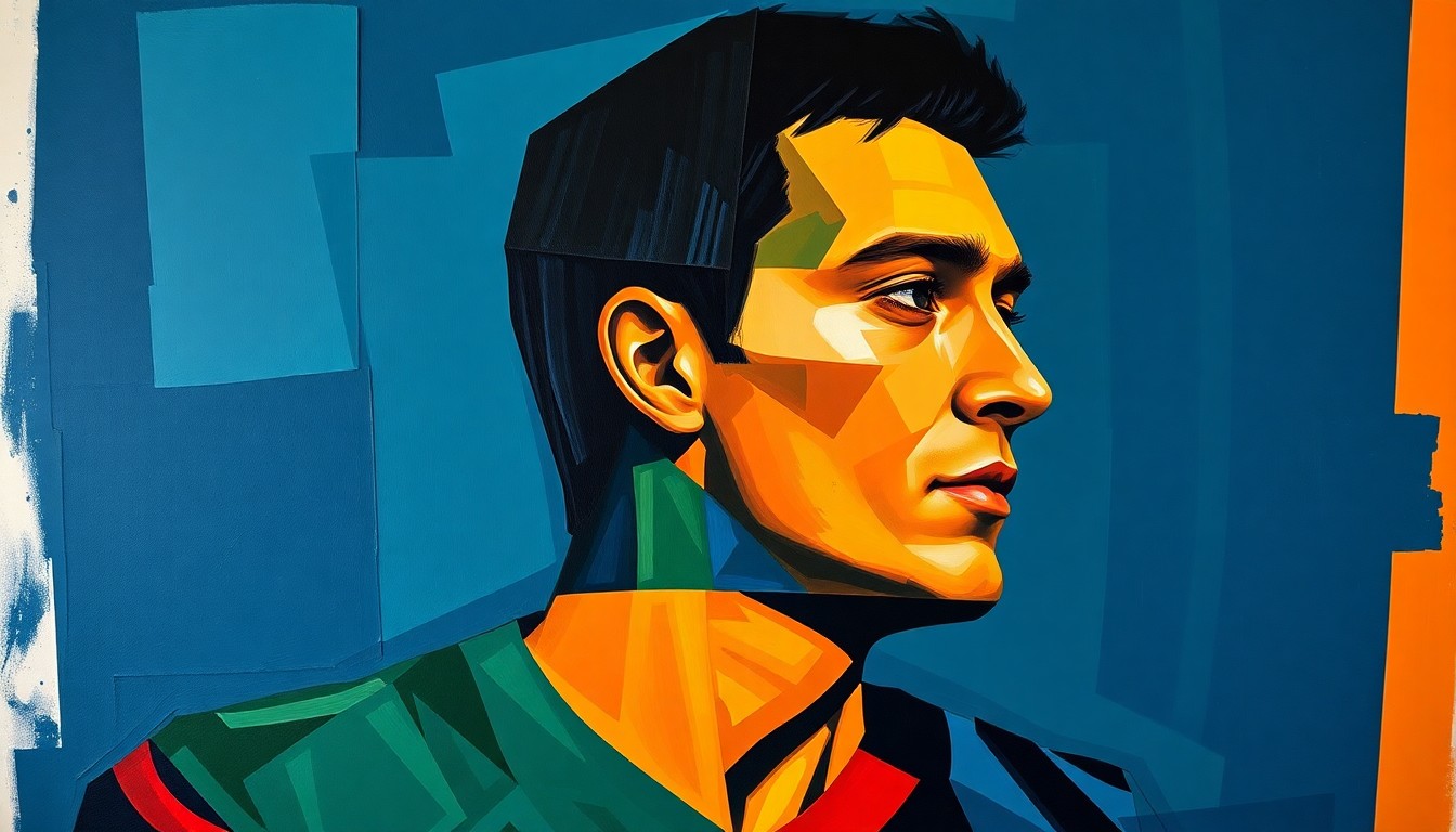 A fragmented, geometric painting depicting the silhouette of a football player in motion, broken down into sharp, overlapping planes of navy, green, and orange, conveying the raw emotion and complexity of the community's mourning.