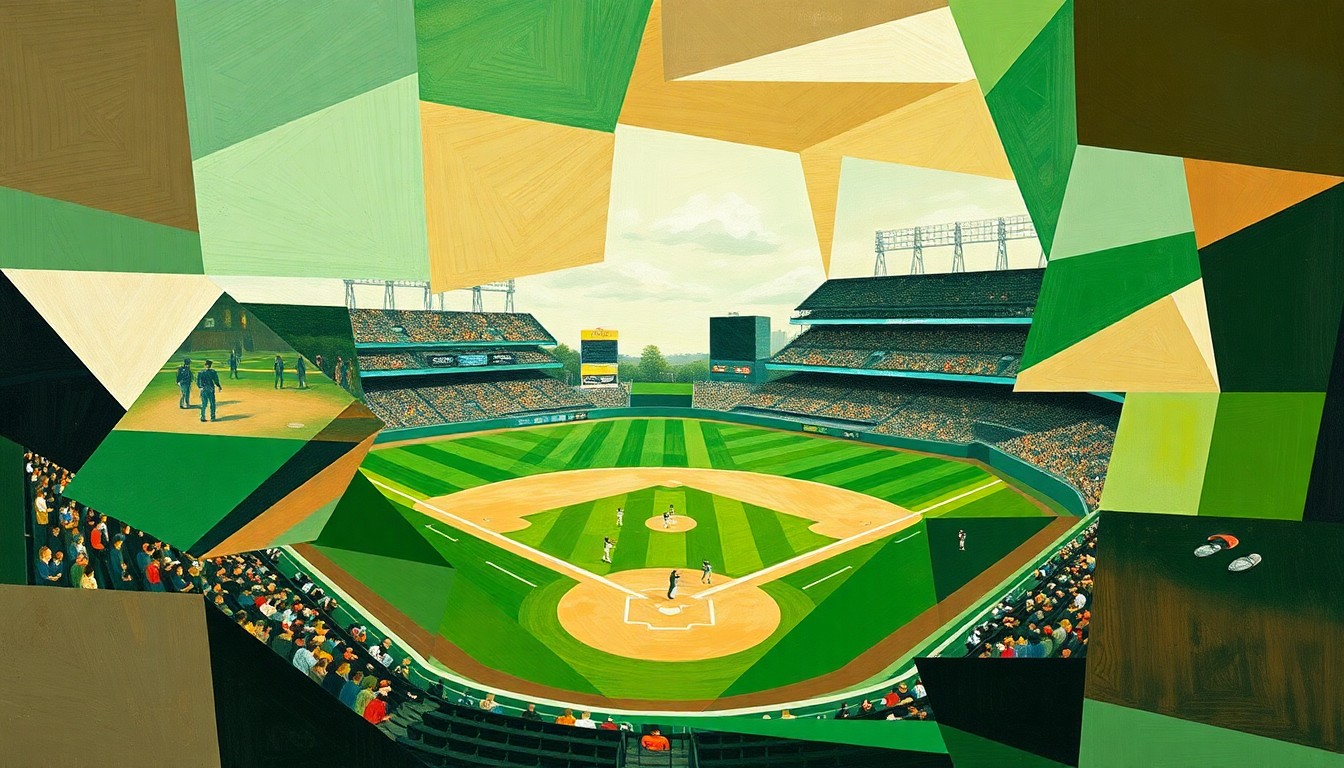 A cubist, geometric painting depicting a college baseball game, with overlapping planes of green, brown, and white representing the field, players, and action on the diamond.