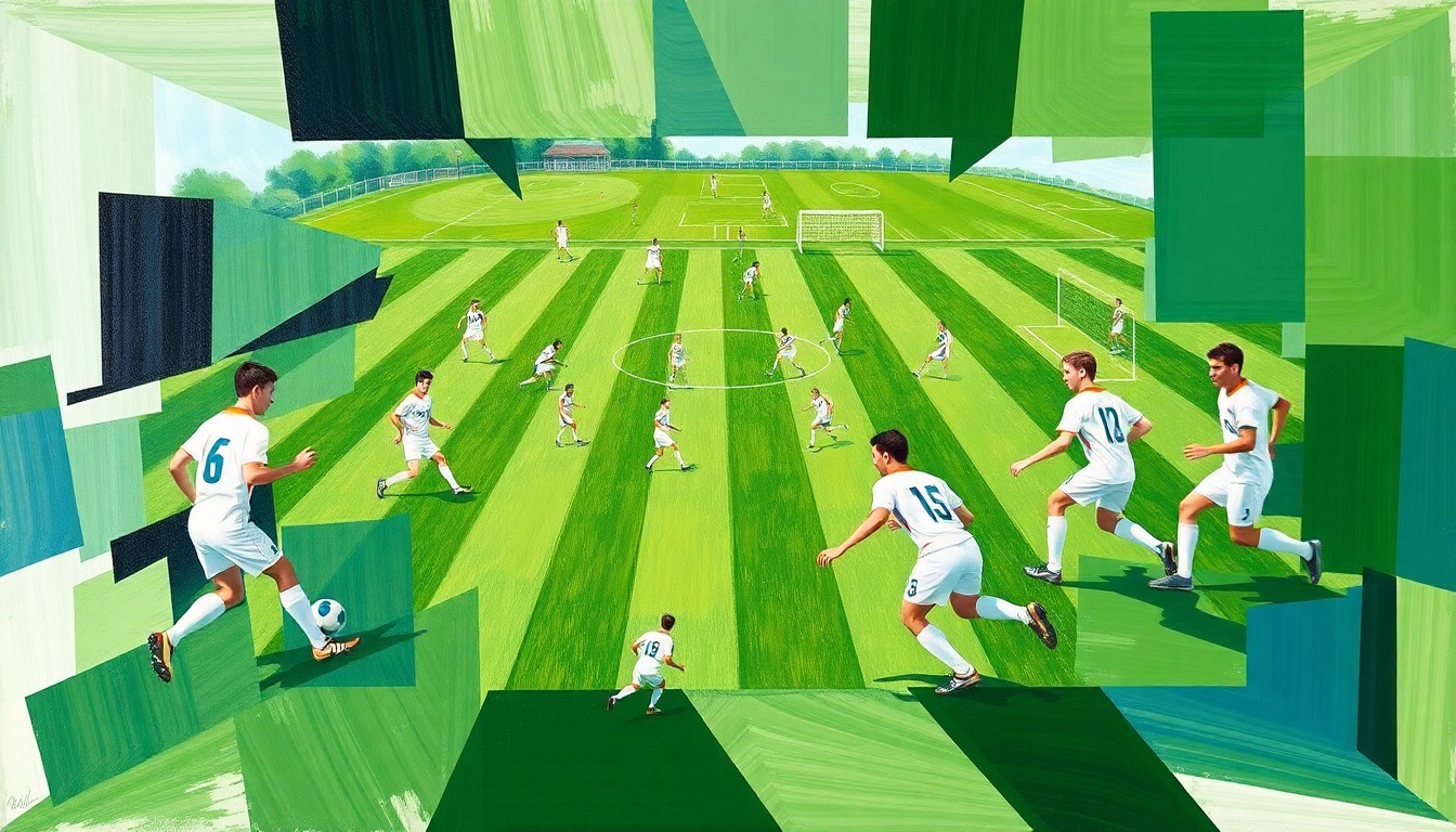 A fractured, geometric painting depicting the motion and action of a boys soccer match, with players and the field rendered in sharp, overlapping planes of color.