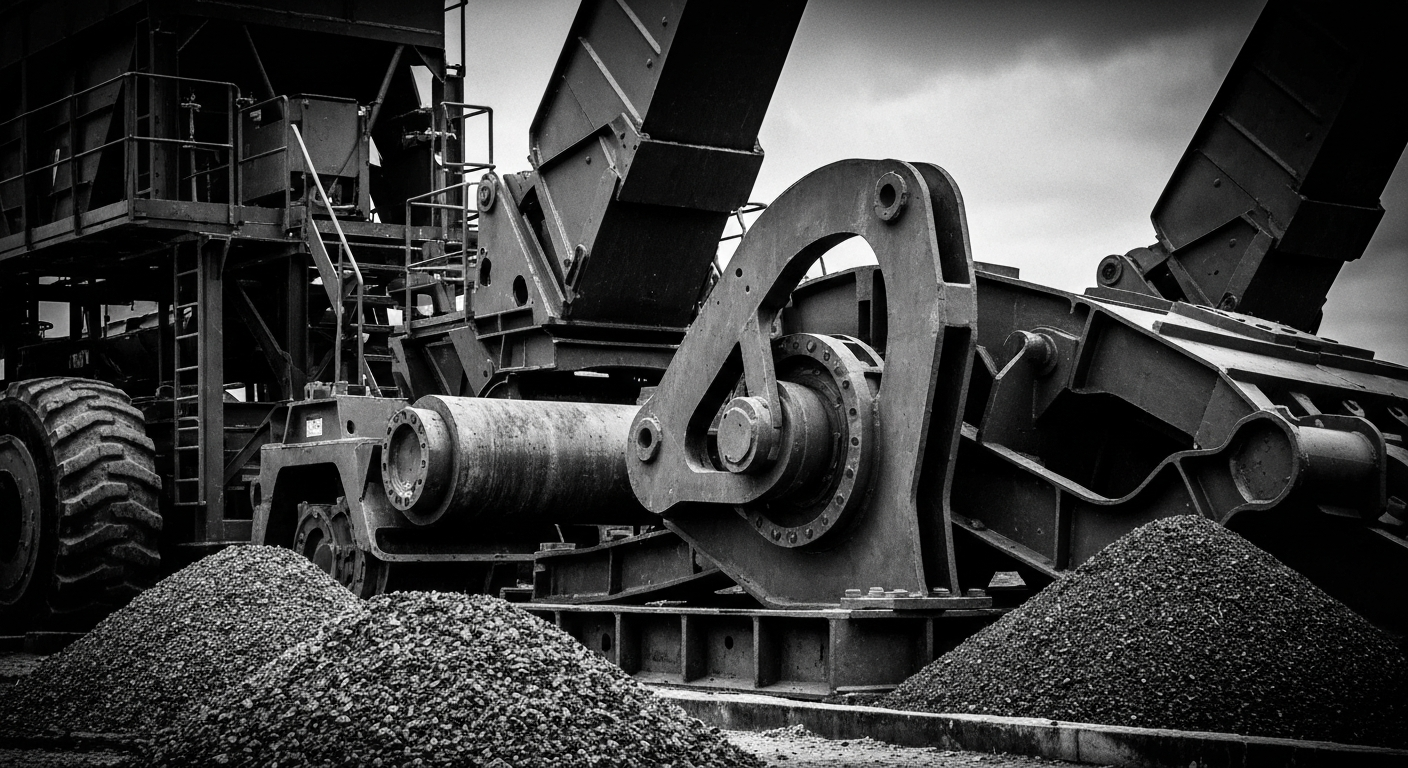 A high-contrast, black-and-white close-up view of industrial machinery and equipment used in the construction materials industry, conveying the physical, tangible nature of the business without using any literal financial symbols or charts.